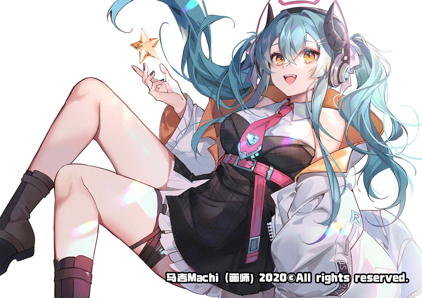 1girl artist_name bangs black_dress black_footwear black_nails blue_hair boots breasts chinese_commentary demon_girl demon_horns dress floating headphones horns karon_(vtuber) karon_official machi_(7769) medium_breasts nijisanji official_art open_mouth smile solo star_(symbol) thigh_strap two_side_up virtual_youtuber virtuareal white_background yellow_eyes