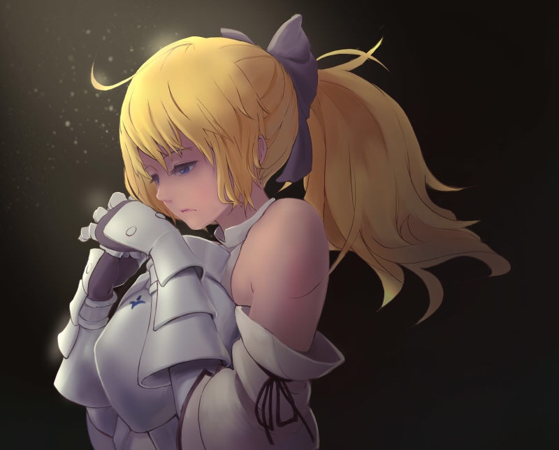 1girl artoria_pendragon_(all) black_bow blonde_hair bow breastplate caliburn dress eyebrows_visible_through_hair fate/grand_order fate/unlimited_codes fate_(series) faulds floating_hair gauntlets green_eyes hair_between_eyes hair_bow highres kigikaka long_hair looking_at_viewer outdoors petals ponytail saber_lily signature sleeveless sleeveless_dress solo standing white_dress