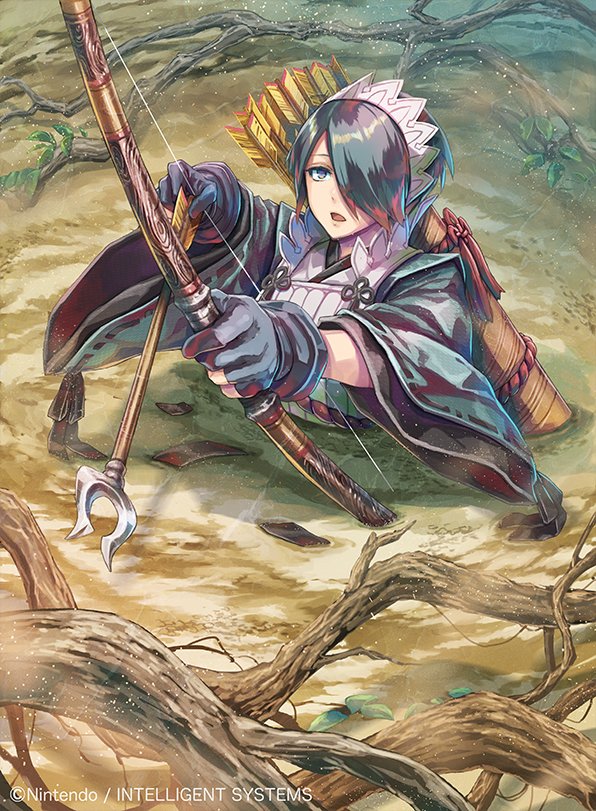 1girl arrow_(projectile) bangs bisaiiiii blue_eyes blue_hair bow_(weapon) fire_emblem fire_emblem_cipher fire_emblem_fates gloves hairband holding holding_bow_(weapon) holding_weapon japanese_clothes outdoors quicksand roots tree upper_body weapon