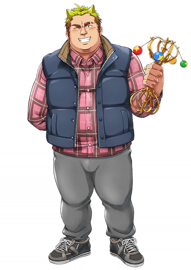 1boy alpha_transparency ammami8 blonde_hair blush brown_hair gradient_hair jacket long_sideburns male_focus motosumi_(housamo) multicolored_hair muscular muscular_male official_art pants plaid plaid_shirt scar shirt short_hair sideburns sleeveless sleeveless_jacket smile solo sweatpants thick_eyebrows tokyo_afterschool_summoners transparent_background vajra_(object)