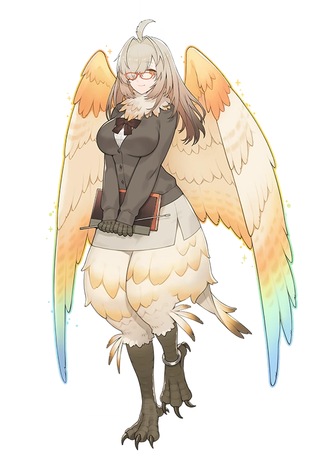 1girl ahoge alpha_transparency animal_hands bird_legs book bow breasts brown_hair buttons feathered_wings feathers gradient gradient_wings hair_intakes hair_over_one_eye harpy holding holding_book light_brown_hair long_hair looking_at_viewer monster_girl multicolored_wings neck_ruff official_art one_eye_covered red-framed_eyewear side_slit skirt solo sparkle standing standing_on_one_leg transparent_background wings ziz_(housamo)