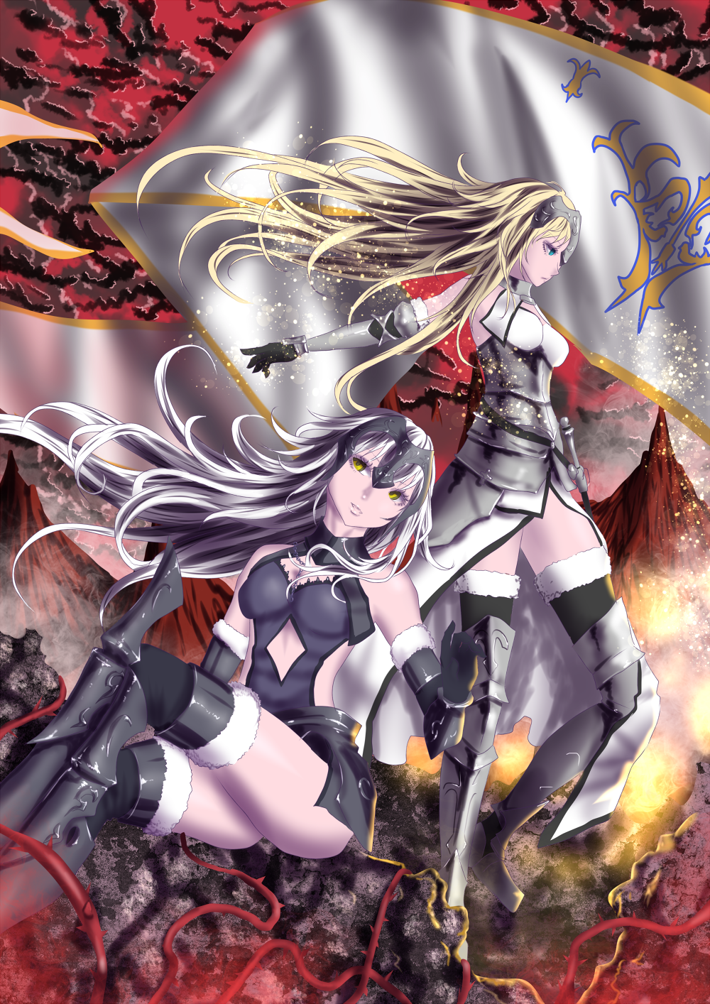 1219_yusuke 2girls armor armored_boots armored_dress banner black_legwear blonde_hair blue_eyes boots breasts cleavage dress dutch_angle eyebrows_visible_through_hair fate/apocrypha fate/grand_order fate_(series) floating_hair flower fur_trim gauntlets highres jeanne_d'arc_(alter)_(fate) jeanne_d'arc_(fate) jeanne_d'arc_(fate)_(all) lens_flare long_hair looking_back medium_breasts multiple_girls ruler_(fate/apocrypha) sheath silver_hair sleeveless sleeveless_dress smile standing thigh-highs very_long_hair white_dress white_flower yellow_eyes