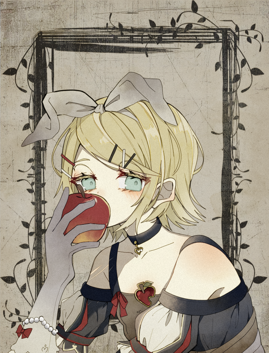 apple bare_shoulders bitten_apple blonde_hair blush bow brooch choker collarbone colored_eyelashes eating elbow_gloves flat_chest food food_bite fruit fruit_brooch gloves grey_bow grey_gloves hair_bow half-closed_eyes heart heart_brooch heart_choker highres holding holding_food holding_fruit jewelry juliet_sleeves kagamine_rin long_sleeves looking_at_viewer maca1227 muted_color pale_skin pearl_(gemstone) puffy_sleeves snow_white solo tareme vocaloid