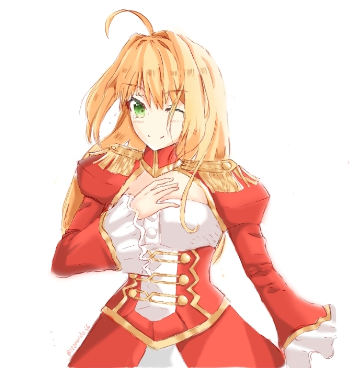 1girl ahoge blonde_hair blurry braid breasts cleavage commentary_request corset dress epaulettes fate/extra fate/grand_order fate_(series) flower french_braid green_eyes hair_flower hair_intakes hair_ornament hair_ribbon highres juliet_sleeves large_breasts leonardo_566 long_sleeves looking_at_viewer nero_claudius_(fate) nero_claudius_(fate)_(all) ocean petals puffy_sleeves red_dress red_ribbon ribbon saber_extra see-through short_hair smile solo wide_sleeves
