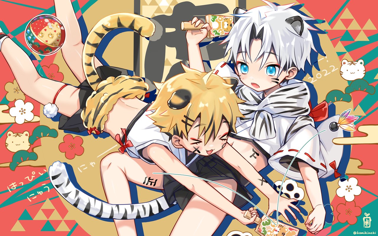 00tuma00 2022 2boys animal_ears blue_eyes cat_ears cat_tail child chinese_zodiac commentary holding male_focus midriff_peek multiple_boys new_year original playing short_sleeves shorts tail tiger white_tiger year_of_the_tiger