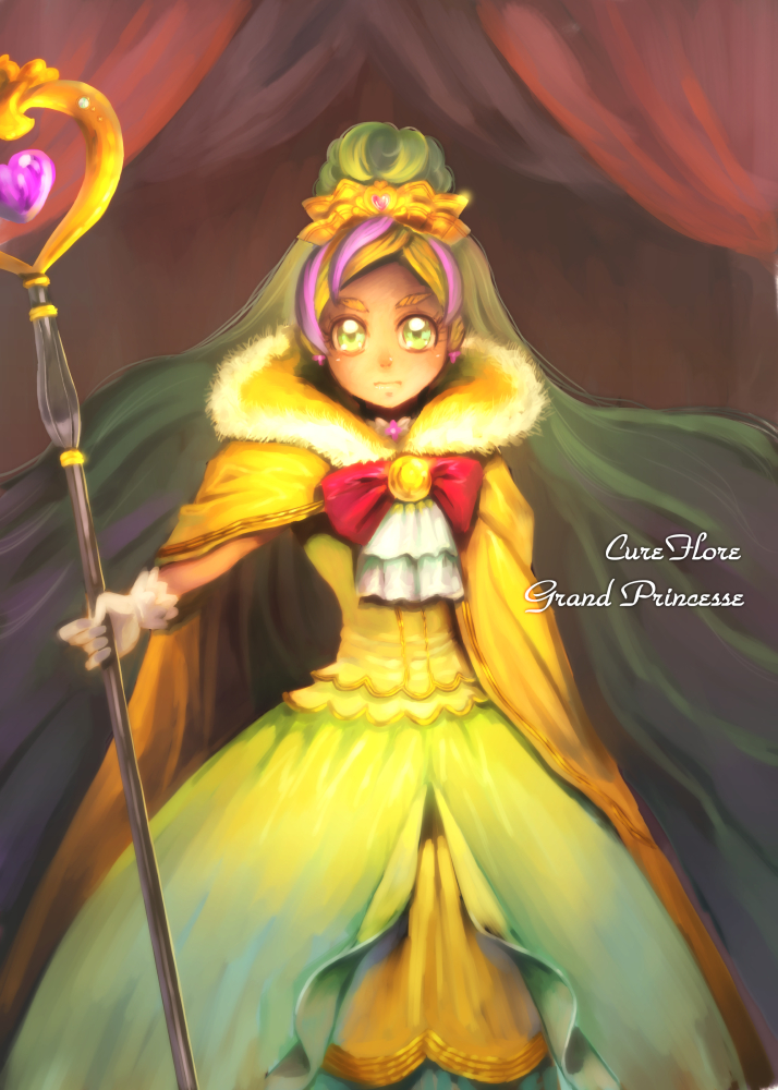 1girl blonde_hair bow brooch cape character_name closed_mouth cowboy_shot cure_flora cure_flora_(grand_princess) dress earrings expressionless go!_princess_precure green_eyes hair_ornament haruno_haruka heart_wand holding holding_staff jewelry jj_(ssspulse) long_hair looking_at_viewer magical_girl multicolored_hair pink_hair precure red_bow solo staff standing streaked_hair thick_eyebrows two-tone_hair very_long_hair yellow_cape yellow_dress