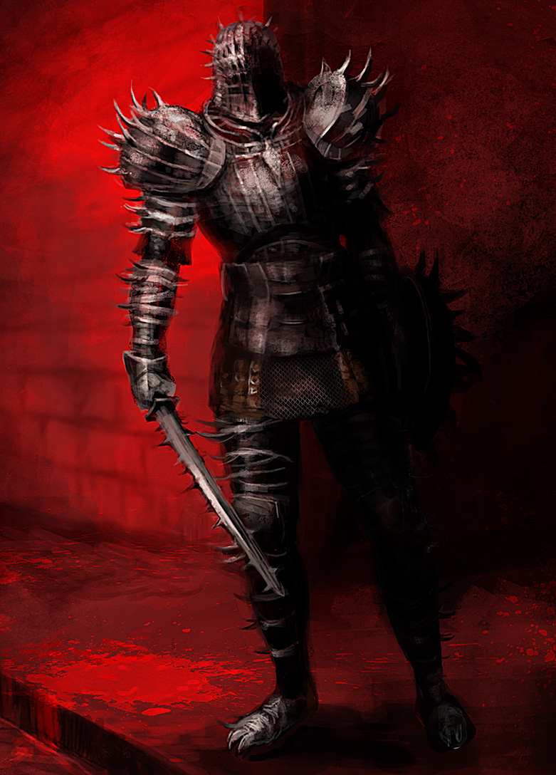 1boy armor armored_boots boots breastplate chainmail commentary_request dark_souls_(series) dark_souls_i faulds full_armor full_body gauntlets helm helmet holding holding_shield holding_sword holding_weapon knight knight_of_thorns_kirk leg_armor male_focus nukotama pauldrons red_background shield shoulder_armor solo spiked_pauldrons sword thorns weapon