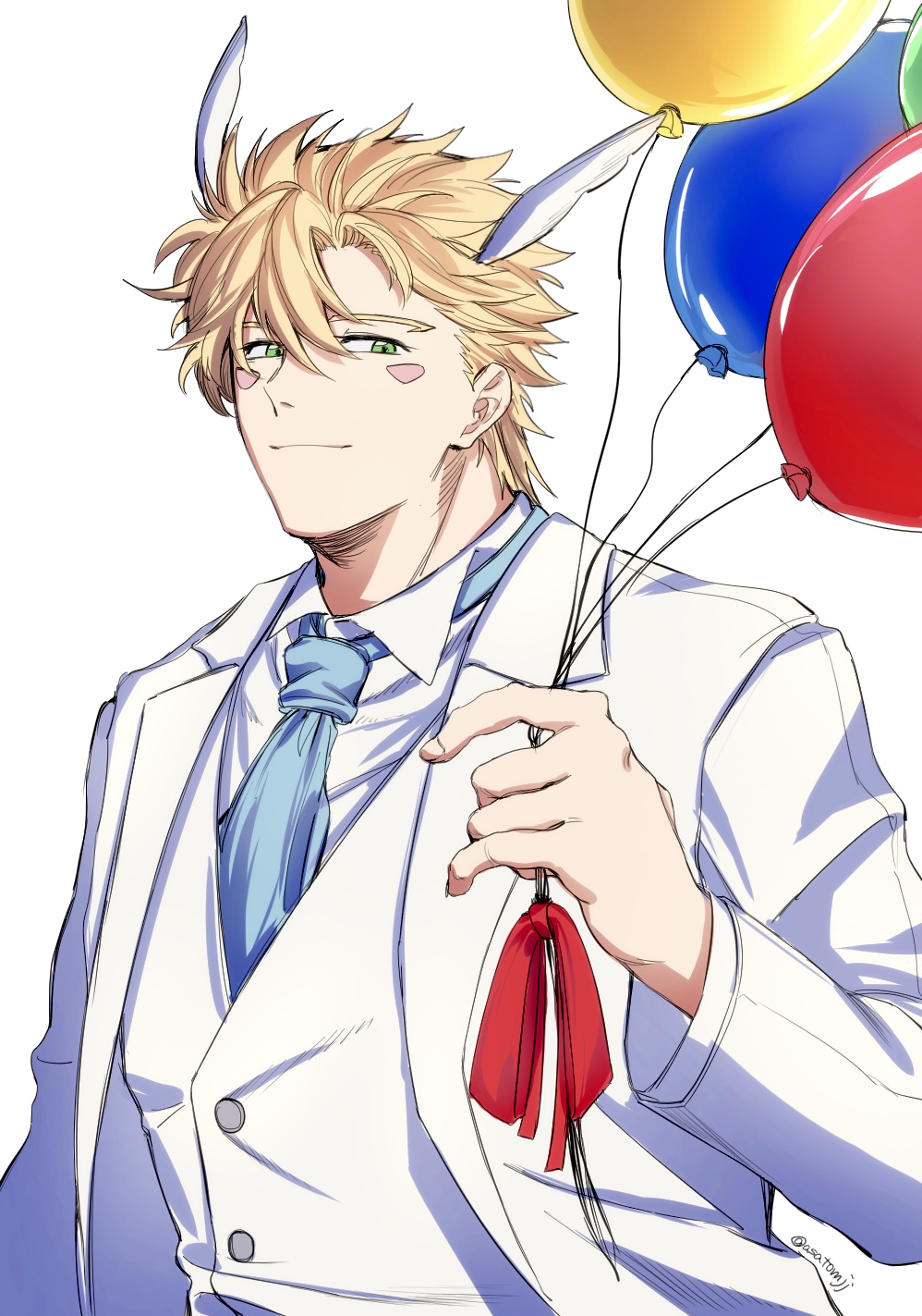 1boy asatomjj ascot balloon battle_tendency blonde_hair caesar_anthonio_zeppeli facial_mark feather_hair_ornament feathers formal green_eyes hair_ornament highres jojo_no_kimyou_na_bouken male_focus smile solo suit vest waistcoat white_suit