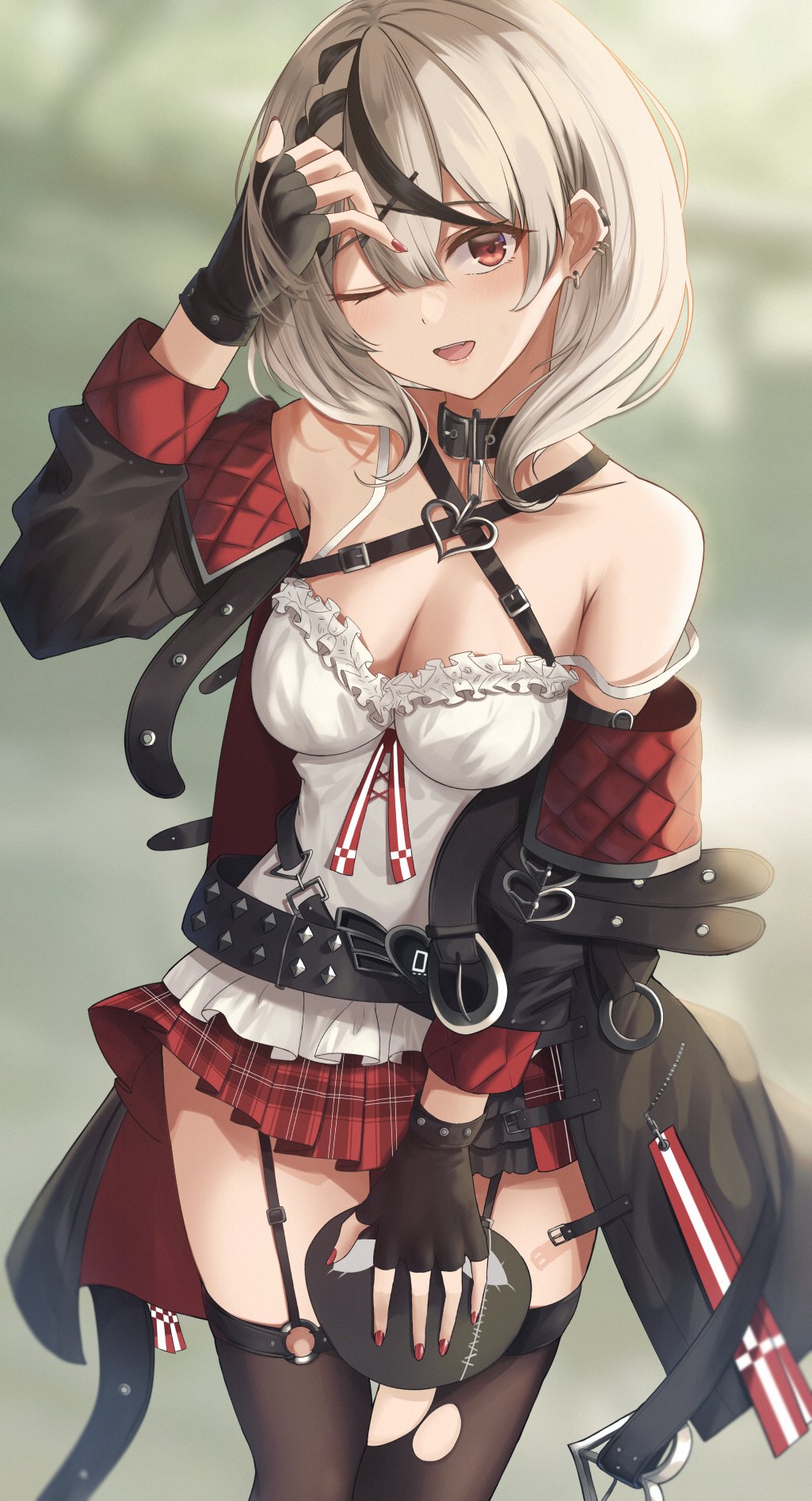 1girl commentary_request fingerless_gloves garter_straps gloves highres hololive one_eye_closed plaid plaid_skirt red_eyes red_skirt sakamata_chloe skirt solo thigh-highs torn_clothes torn_legwear virtual_youtuber yamikyon