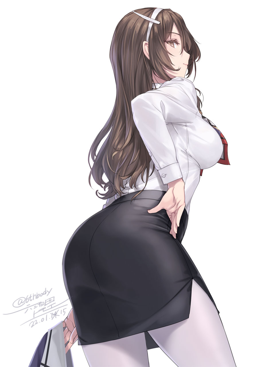 1girl artist_name ashigara_(kancolle) black_skirt breasts brown_eyes brown_hair closed_mouth cowboy_shot dated hair_between_eyes highres holding holding_clothes kantai_collection large_breasts long_hair long_sleeves pantyhose pencil_skirt rokuwata_tomoe shirt simple_background skirt solo twitter_username white_background white_legwear white_shirt