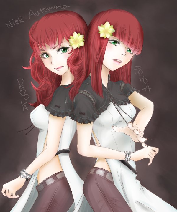 2girls belt breasts chitchi closed_mouth devola flower green_eyes hair_flower hair_ornament holding_hands long_hair looking_at_viewer medium_breasts multiple_girls nier_(series) nier_automata open_mouth popola red_hair siblings simple_background sisters smile twins