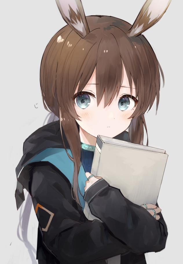 1girl amiya_(arknights) animal_ear_fluff animal_ears arknights bangs black_jacket blue_eyes blush brown_hair closed_mouth eyebrows_visible_through_hair hair_between_eyes jacket long_hair long_sleeves looking_at_viewer low_ponytail object_hug open_clothes open_jacket ponytail puffy_long_sleeves puffy_sleeves rabbit_ears sleeves_past_wrists solo toufu_mentaru_zabuton upper_body very_long_hair