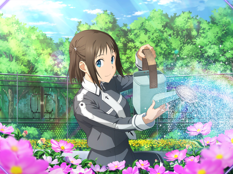 1girl blue_eyes blurry blurry_foreground brown_hair closed_mouth collared_shirt day flower game_cg grey_shirt grey_skirt long_sleeves outdoors pink_flower rainbow ronye_arabel shirt short_hair skirt smile solo sword_art_online sword_art_online:_alicization_rising_steel wing_collar