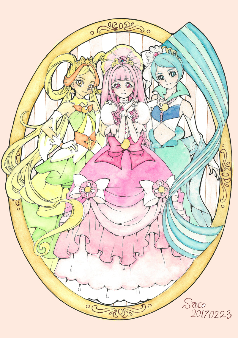 3girls artist_name blonde_hair blue_dress blue_eyes blue_hair bow chieri_(go!_princess_precure) closed_mouth dated dress dress_bow earrings gloves go!_princess_precure hair_ornament hair_ribbon hair_rings hand_on_another's_shoulder jewelry layered_dress long_hair looking_at_viewer magical_girl multicolored_hair multiple_girls navel orange_hair own_hands_clasped own_hands_together pink_background pink_bow pink_dress pink_eyes pink_hair popped_collar precure previous_cure_flora previous_cure_mermaid previous_cure_twinkle puffy_sleeves ribbon sayococco sei_(go!_princess_precure) signature smile standing star_(symbol) star_earrings streaked_hair traditional_media twintails two-tone_hair waist_bow waist_brooch white_bow white_gloves yellow_eyes yura_(go!_princess_precure)