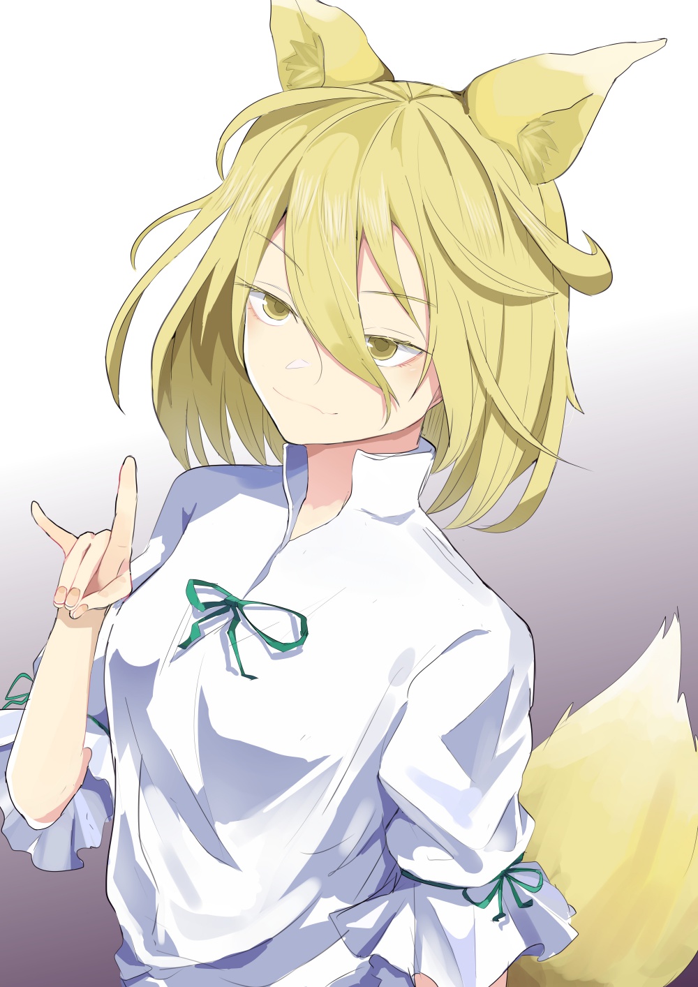 1girl animal_ears blonde_hair breasts closed_mouth eyebrows_visible_through_hair finger_touching fingernails fox_ears fox_girl fox_shadow_puppet fox_tail green_ribbon grey_background highres kudamaki_tsukasa mandarin_collar ribbon romper short_hair short_sleeves small_breasts tail test_(user_fjka7334) touhou yellow_eyes