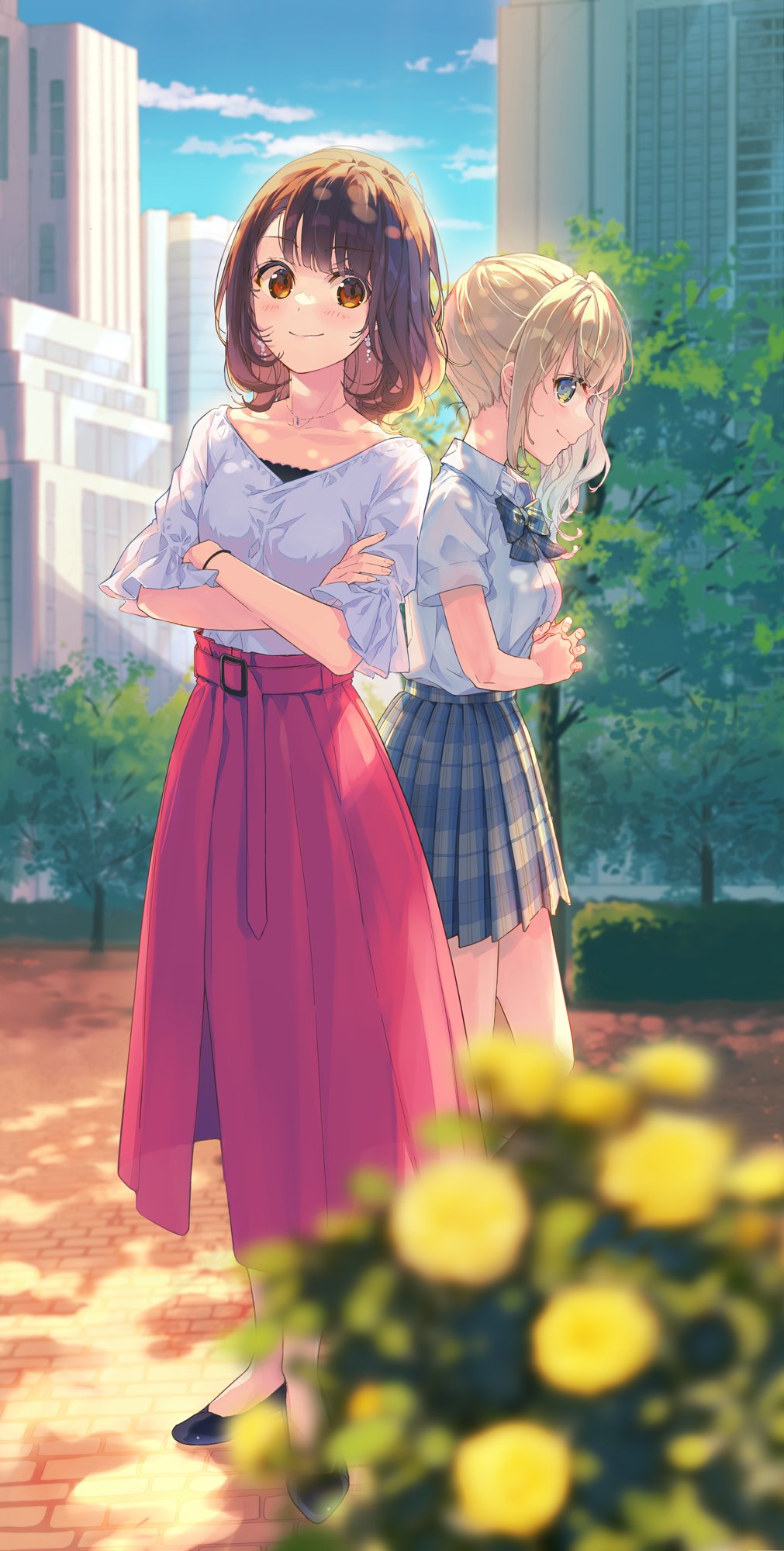 2girls back-to-back black_footwear blonde_hair blurry blurry_foreground blush bow bowtie breasts brick brick_road brown_eyes brown_hair building character_request cityscape closed_mouth collarbone collared_shirt cover cover_page crossed_arms dress_shirt earrings eyebrows_visible_through_hair fist_in_hand flower green_eyes highres jewelry kouzuki_noa long_hair long_skirt looking_at_viewer miniskirt multiple_girls nape papakatsu_jk_no_yowami_wo_nigitta_node_inu_no_sanpo_wo_onegai_shitemita. park pink_skirt plaid plaid_bow plaid_bowtie plaid_skirt pleated_skirt profile reia school_uniform shade shirt shirt_tucked_in short_sleeves side_ponytail side_slit sidelocks skirt sky skyscraper smile standing tree white_shirt