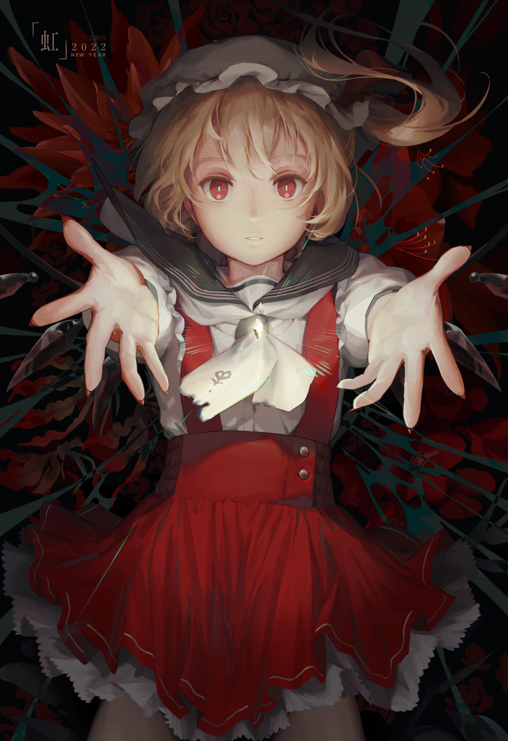 1girl adapted_costume blonde_hair cowboy_shot crystal dress expressionless flandre_scarlet floral_background flower flower_request foreshortening hat highres karaori looking_at_viewer mob_cap one_side_up parted_lips reaching_out red_dress red_eyes red_flower sailor_collar solo touhou wings
