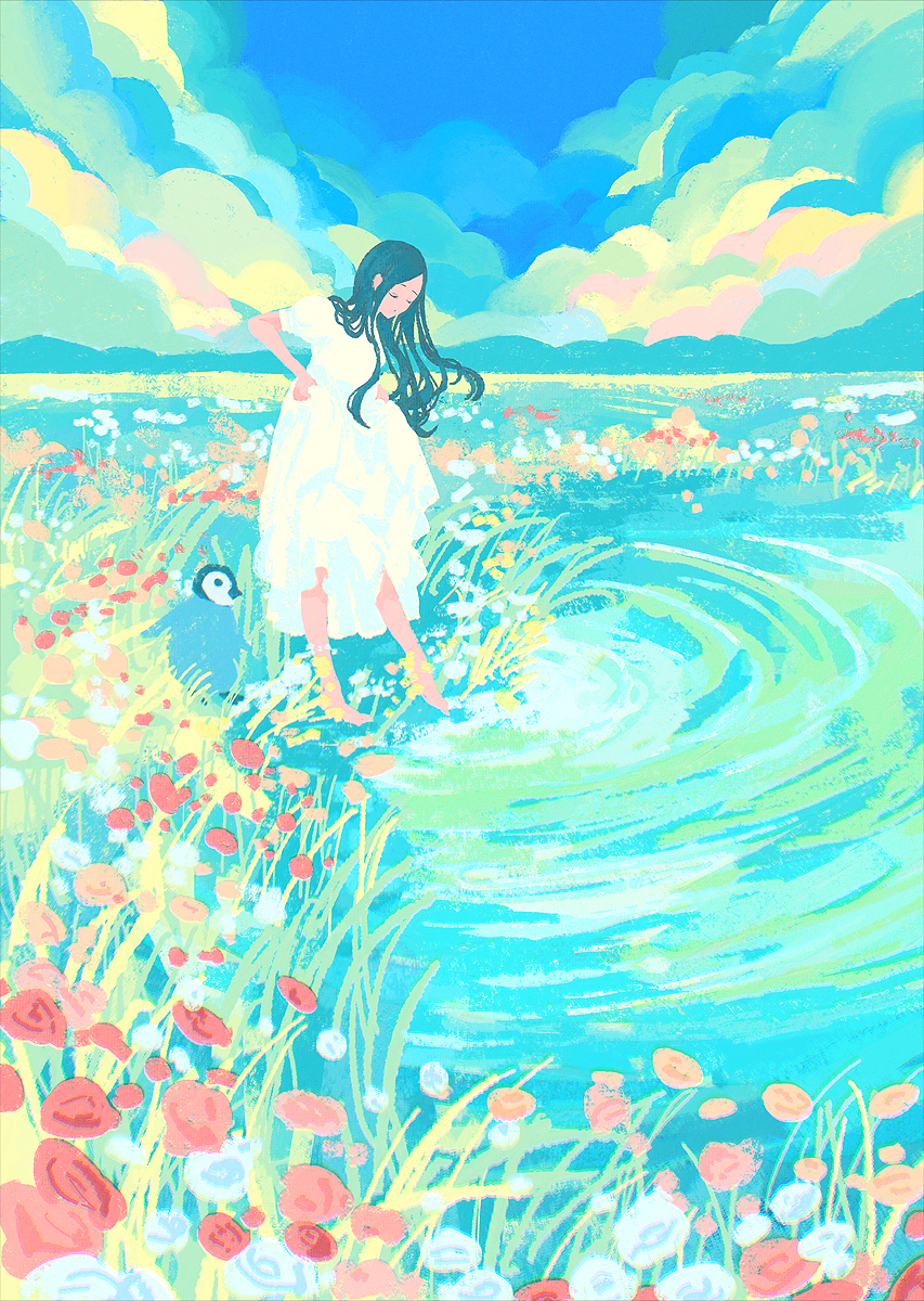 1girl bare_legs barefoot bird black_hair blue_sky closed_eyes clouds dress flower highres long_hair original penguin pink_flower red_flower ripples short_sleeves sky solo standing tabi_(tabisumika) water white_dress white_flower wide_shot