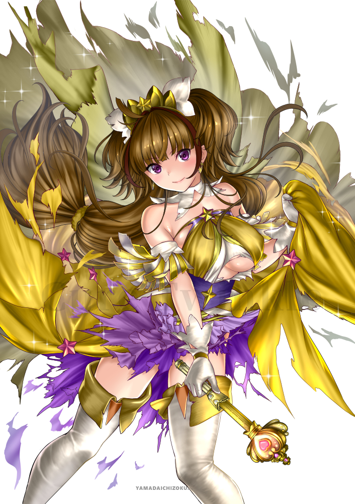1girl amanogawa_kirara artist_name boots breasts brown_hair closed_mouth comiket_93 cowboy_shot cure_twinkle cure_twinkle_(mode_elegant_shooting_star) dress earrings gloves go!_princess_precure hair_ornament hair_scrunchie heart_wand jewelry large_breasts legs_apart long_hair looking_at_viewer magical_girl precure scrunchie simple_background smile solo standing star_(symbol) star_earrings thigh-highs thigh_boots torn_clothes under_boob violet_eyes white_background white_footwear white_gloves yamada_ichizoku yellow_scrunchie zettai_ryouiki