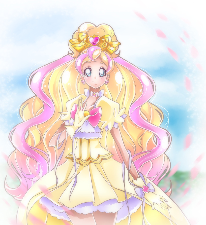 1girl blonde_hair blue_eyes bow brooch choker closed_mouth cowboy_shot cure_flora cure_flora_(grand_princess) dress earrings flower_choker flower_earrings glove_bow gloves go!_princess_precure gradient_hair hair_ornament haruno_haruka jewelry long_hair looking_at_viewer magical_girl multicolored_hair petticoat pink_bow pink_hair precure puffy_sleeves ribbon shiny shiny_hair shiny_skin shunciwi smile solo standing streaked_hair two-tone_hair white_bow white_choker white_ribbon yellow_dress yellow_gloves