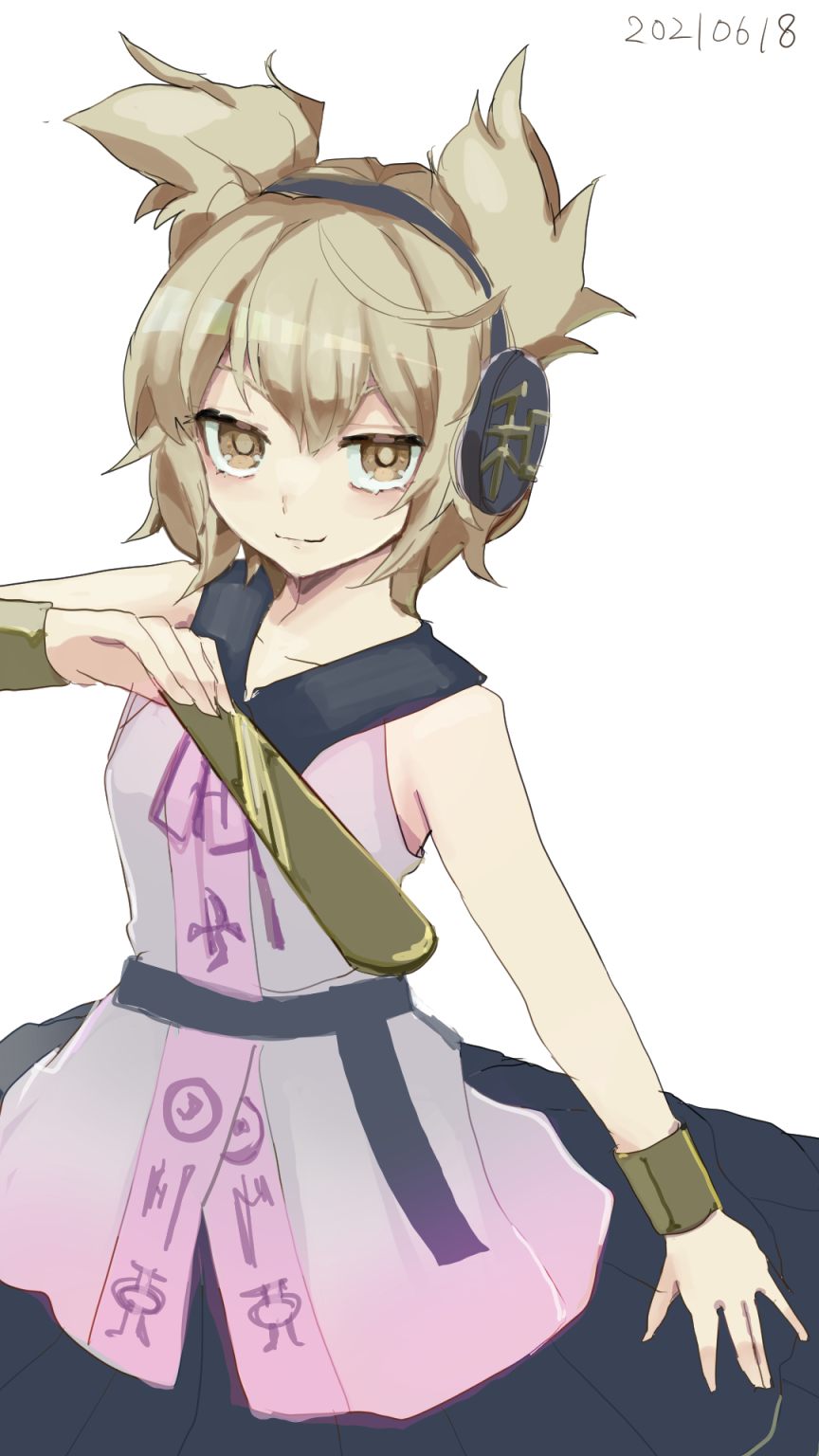 1girl apiamu421 bare_shoulders blush bracelet cowboy_shot earmuffs eyebrows_behind_hair highres jewelry light_brown_hair light_smile looking_at_viewer pointy_hair ritual_baton shirt simple_background solo touhou toyosatomimi_no_miko white_background white_shirt yellow_eyes