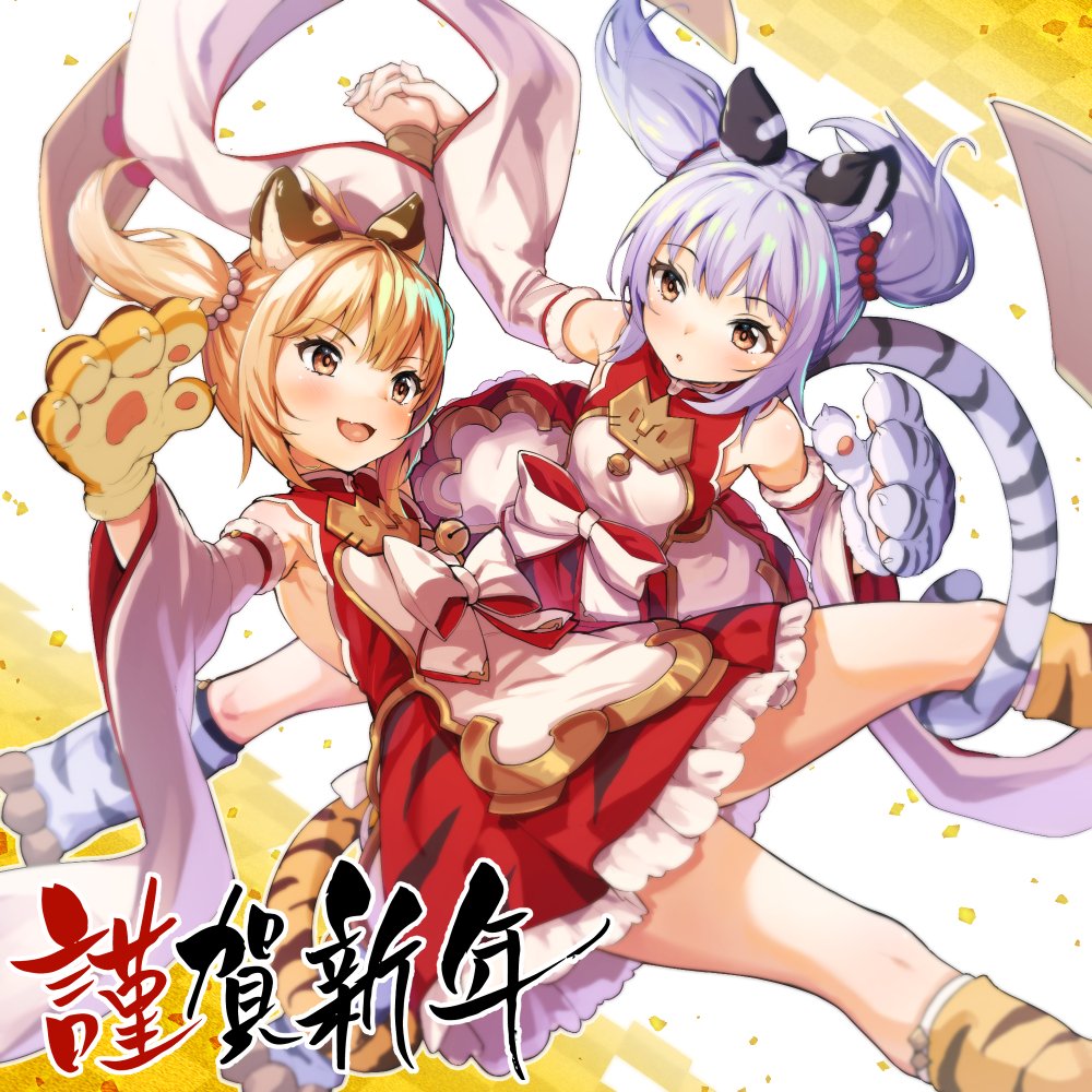 2girls animal_hands animal_print bai_(granblue_fantasy) bare_shoulders bell blonde_hair blush bow brown_eyes cidala_(granblue_fantasy) detached_sleeves dress fang gloves granblue_fantasy holding_hands huang_(granblue_fantasy) jingle_bell laolao_(granblue_fantasy) long_hair multiple_girls nyama_(12060517) open_mouth paw_gloves red_dress siblings silver_hair sisters skin_fang smile tail tail_wrap tiger_print tiger_tail translation_request twins twintails wide_sleeves