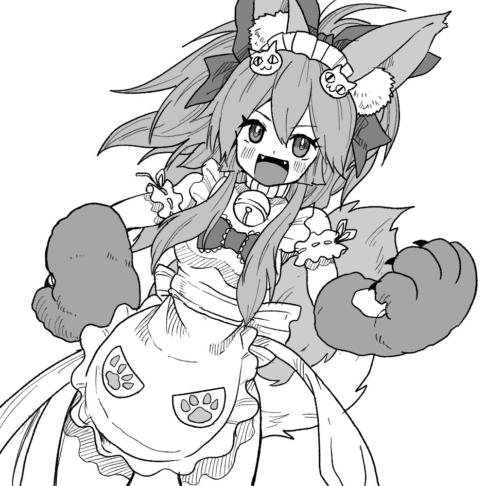 1girl :3 animal_ear_fluff animal_ears animal_hands apron bangs bell blush bow breasts cat_hair_ornament cat_paws claws collar commentary cowboy_shot eyebrows_visible_through_hair fangs fate/grand_order fate_(series) fox_ears fox_girl fox_tail greyscale hair_between_eyes hair_bow hair_ornament hand_on_hip jingle_bell kusama_takato long_hair looking_at_viewer maid_headdress monochrome naked_apron neck_bell open_mouth paw_print ponytail sidelocks simple_background sleeveless smile solo standing tail tamamo_(fate) tamamo_cat_(fate) thighs