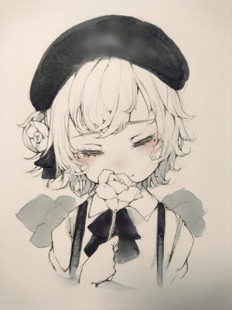 beret black_ribbon blush bow closed_eyes flower hair_ornament happy_tears hat hatoba_tsugu holding holding_flower mole mole_under_eye painting_(medium) ribbon rose sabusupi shirt short_hair suspenders tearing_up tears traditional_media tsugu_(vtuber) virtual_youtuber watercolor_(medium) white_shirt