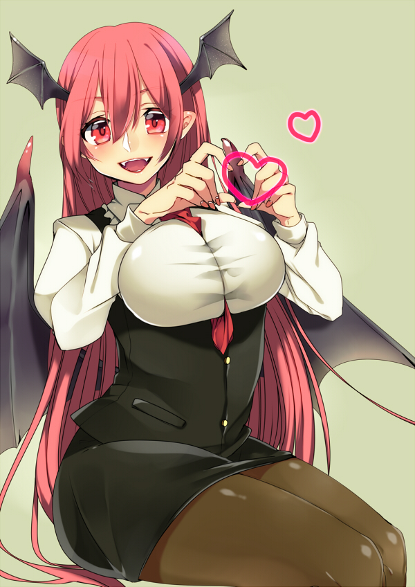 1girl :d bat_wings between_breasts black_legwear blush breasts feet_out_of_frame grey_background hair_between_eyes head_wings heart heart_hands koakuma large_breasts lipstick long_hair looking_at_viewer makeup necktie necktie_between_breasts pantyhose pencil_skirt red_eyes red_necktie redhead simple_background sitting skirt smile solo tomo_asa_(confetto-o) touhou very_long_hair wings
