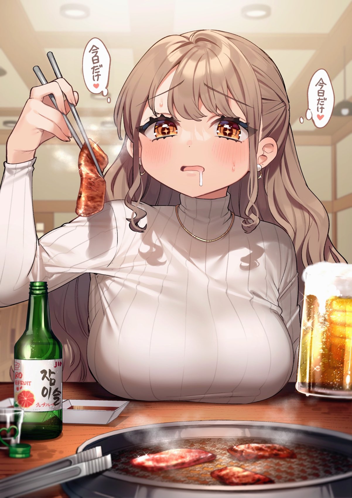 +_+ 1girl alcohol beer beer_mug blush bottle breast_rest breasts brown_eyes brown_hair check_commentary chopsticks commentary commentary_request cup drooling eyebrows_visible_through_hair food highres holding holding_chopsticks holding_cup jewelry large_breasts long_hair long_sleeves meat mug necklace open_mouth original sakura_yuki_(clochette) saliva solo sweater table thought_bubble translation_request turtleneck turtleneck_sweater white_sweater