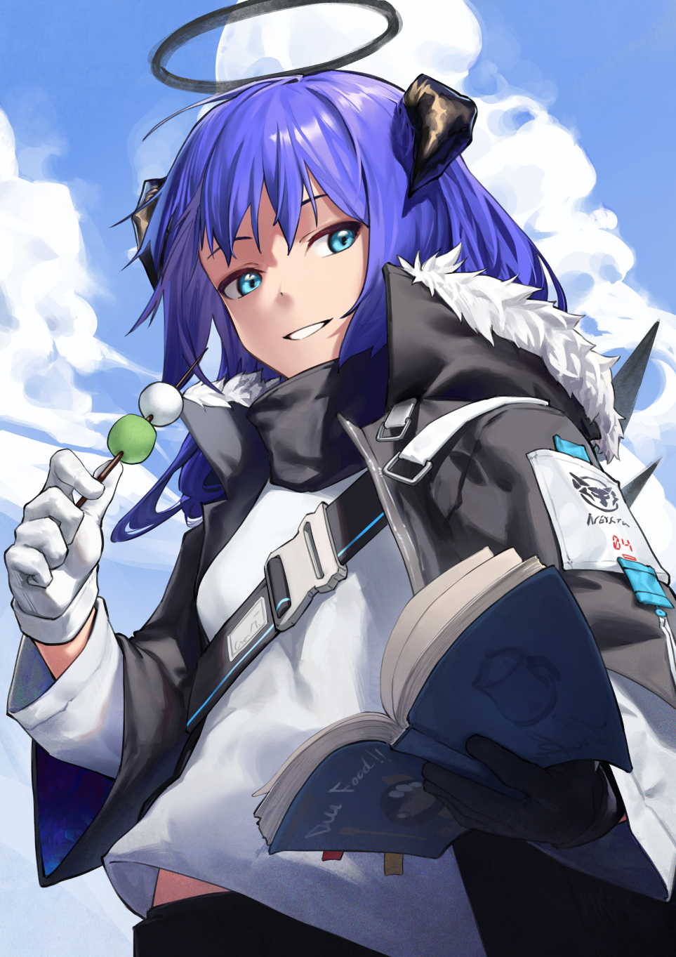 1girl arknights asymmetrical_gloves blue_eyes blue_hair book dango food fur-trimmed_jacket fur_trim halo highres horns jacket long_hair mkrk_mikaerukung mostima_(arknights) open_book reading sanshoku_dango wagashi