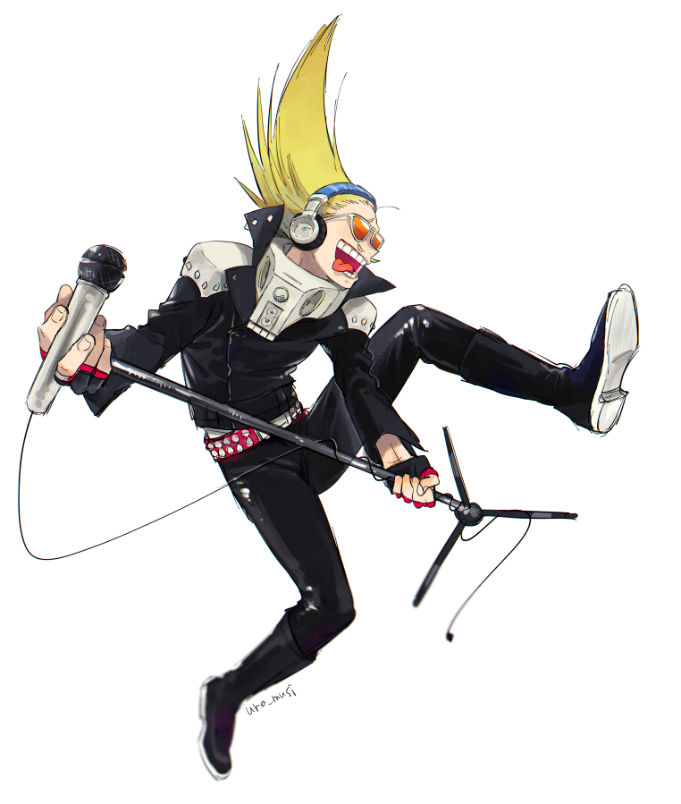 1boy :d amplifier artist_name belt blonde_hair blurry boku_no_hero_academia boots costume crested_hair depth_of_field epaulettes facial_hair fingerless_gloves gloves hair_up headphones jacket long_hair male_focus microphone mustache open_mouth pose present_mic simple_background smile solo studded_belt studded_jacket sunglasses tinted_eyewear tongue tongue_out ura_musi white_background