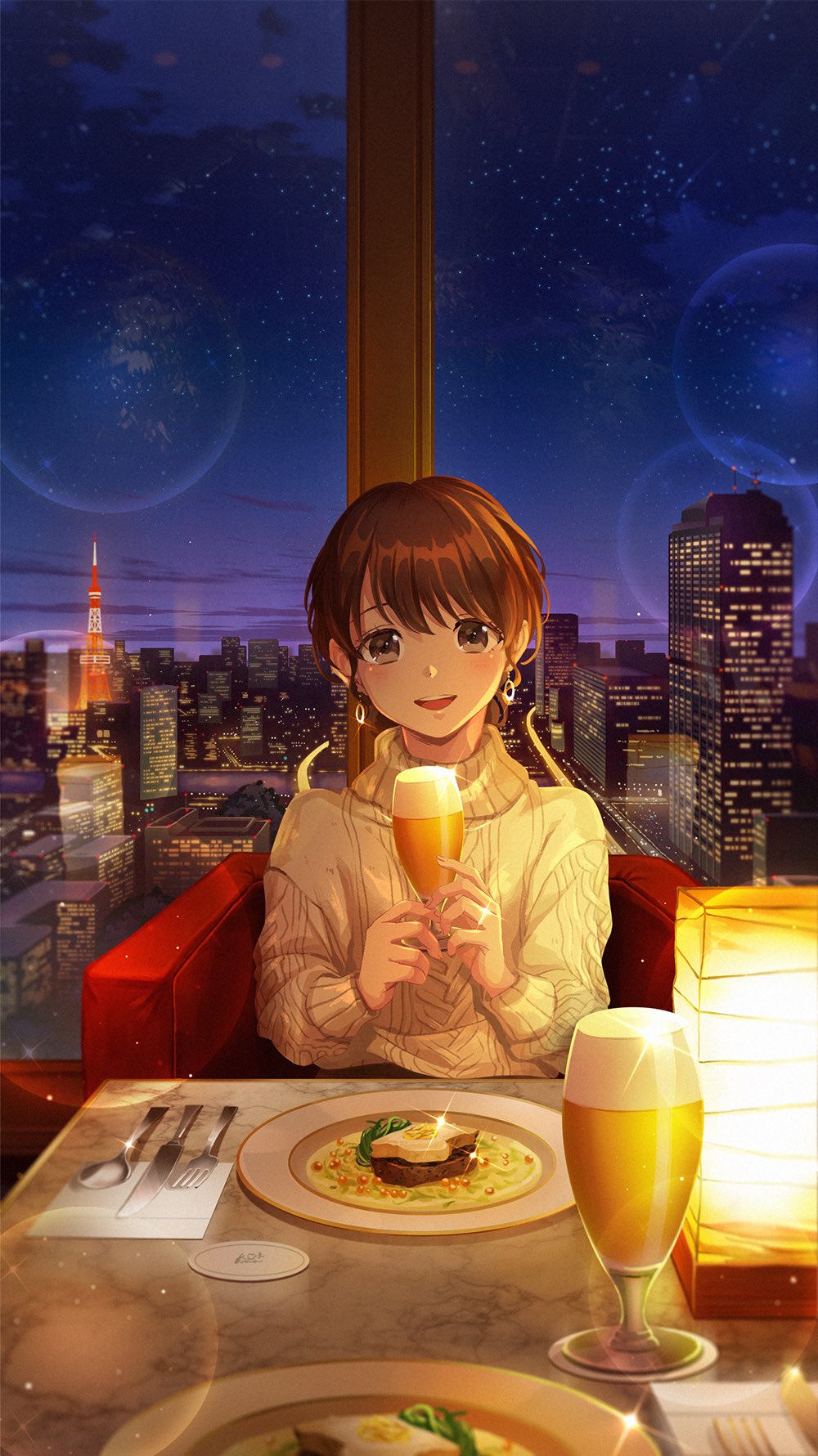 1girl bangs blush brown_hair building chair city city_lights cityscape cup earrings food fork hands_up highres holding holding_cup indoors jewelry knife long_sleeves looking_at_viewer night original parted_lips plate short_hair sitting sky smile solo spoon sweater tokyo_(city) tokyo_tower tsujin_bohboh turtleneck turtleneck_sweater violet_eyes white_sweater window