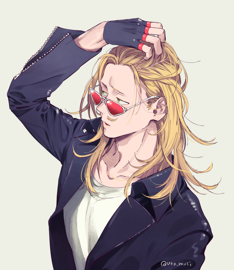 1boy adam's_apple blonde_hair boku_no_hero_academia casual collarbone expressionless facial_hair fingerless_gloves from_above gloves green_eyes hair_down hand_in_hair jacket leather leather_jacket long_hair male_focus mustache open_clothes open_jacket present_mic raised_eyebrow shirt simple_background solo sunglasses tinted_eyewear twitter_username unzipped upper_body ura_musi white_shirt
