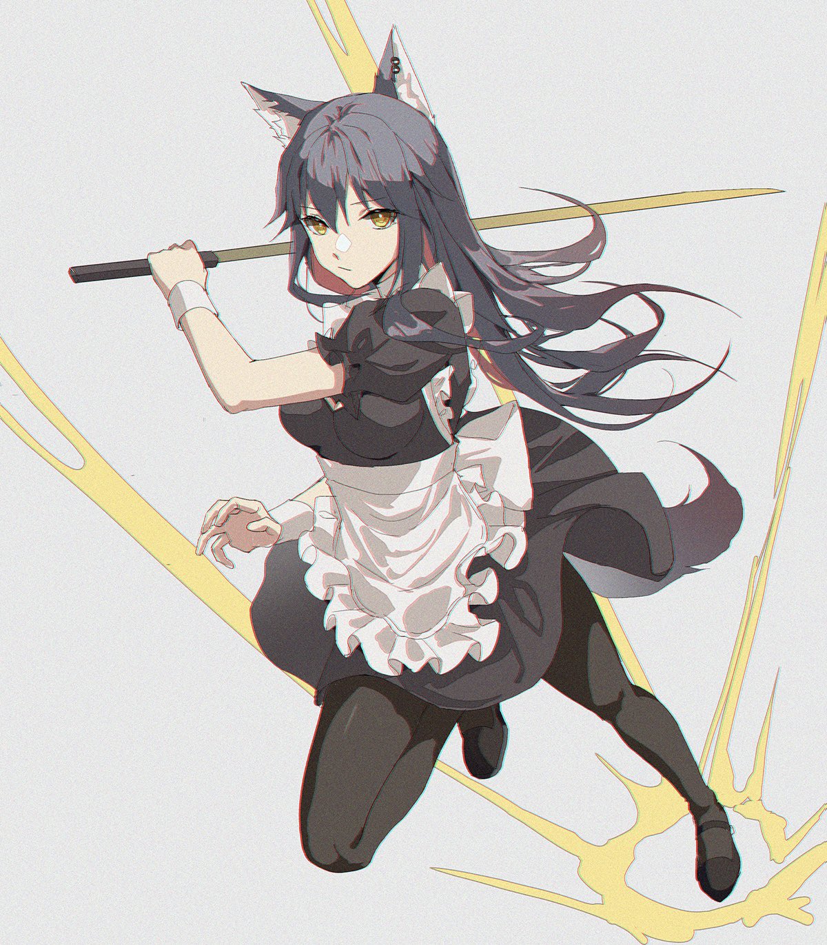 1girl alternate_costume animal_ears apron arknights black_dress black_footwear black_hair black_legwear breasts colored_inner_hair dress enmaided eyebrows_visible_through_hair frilled_apron frills from_above full_body grey_background highres holding holding_sword holding_weapon jumping kernel_killer leg_up looking_at_viewer looking_up maid medium_breasts multicolored_hair pantyhose puffy_short_sleeves puffy_sleeves redhead short_sleeves simple_background solo sword tail texas_(arknights) two-tone_hair v-shaped_eyebrows weapon white_apron wolf_ears wolf_girl wolf_tail yellow_eyes