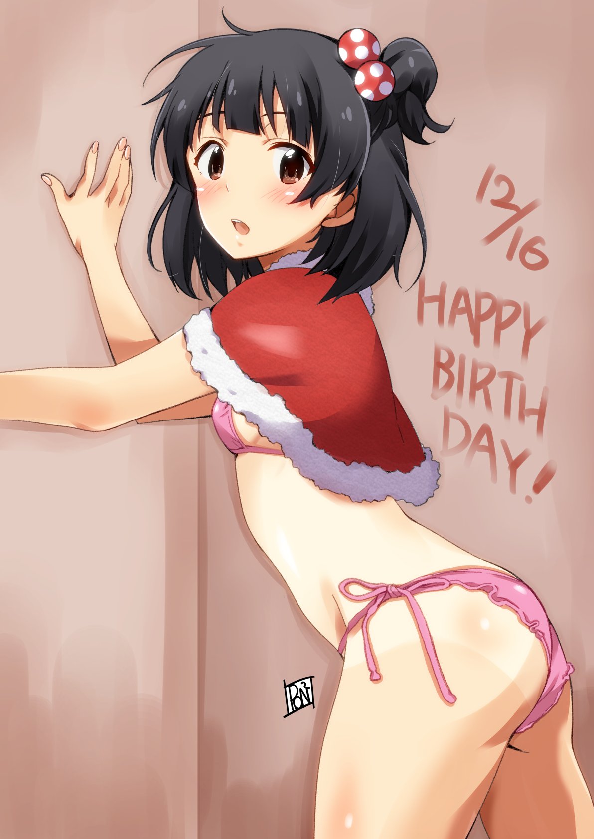 1girl artist_name bangs bikini birthday black_hair blush breasts brown_eyes capelet christmas commentary_request cowboy_shot english_text frilled_bikini frills from_side fur-trimmed_capelet fur_trim hair_bobbles hair_ornament happy_birthday highres idolmaster idolmaster_million_live! leaning_forward looking_at_viewer nakatani_iku one-piece_tan one_side_up open_mouth pink_bikini ponpon red_capelet short_hair side-tie_bikini signature small_breasts solo standing swimsuit tan tanlines