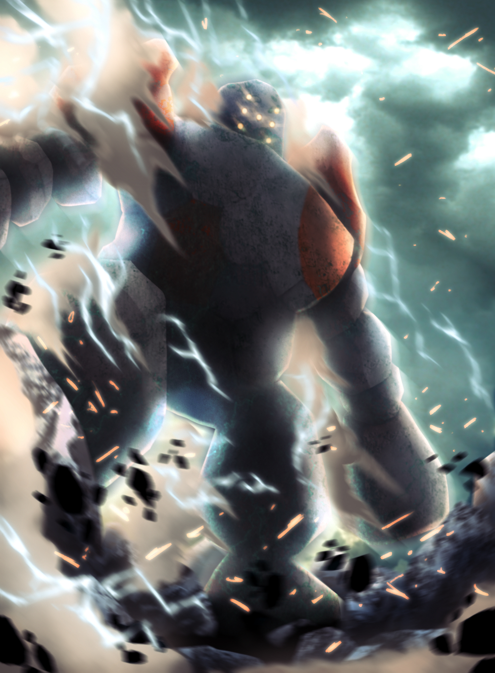 blurry clouds commentary_request electricity glowing glowing_eyes highres miyagawa_(maxggguys) no_humans outdoors pokemon pokemon_(creature) regirock rock solo standing yellow_eyes