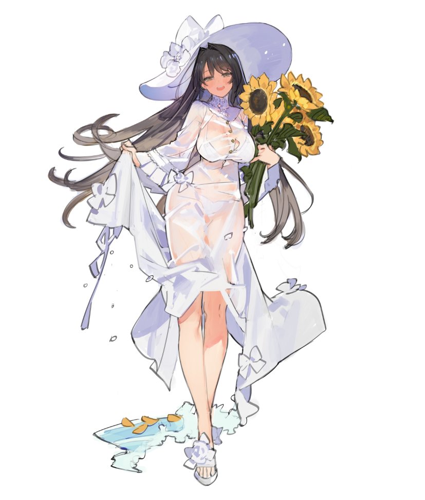 1girl bangs black_hair bra breasts buttons collared_dress commentary_request dress floating_hair flower full_body hair_intakes hat high_collar holding holding_flower large_breasts long_hair long_sleeves original sandals see-through see-through_dress simple_background skirt_hold solo standing starshadowmagician sun_hat sunflower underwear wet wet_clothes white_background white_bra white_dress white_headwear white_legwear