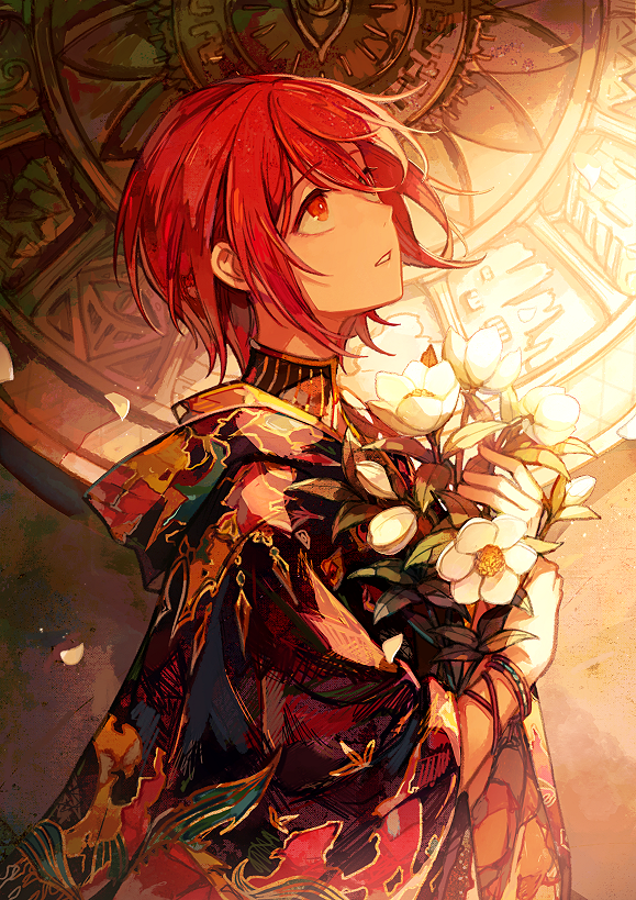 1girl akagi_shun bangle bracelet eyebrows_visible_through_hair flower hair_between_eyes holding japanese_clothes jewelry looking_up original parted_lips petals red_eyes redhead short_hair solo standing sunlight sunset upper_body