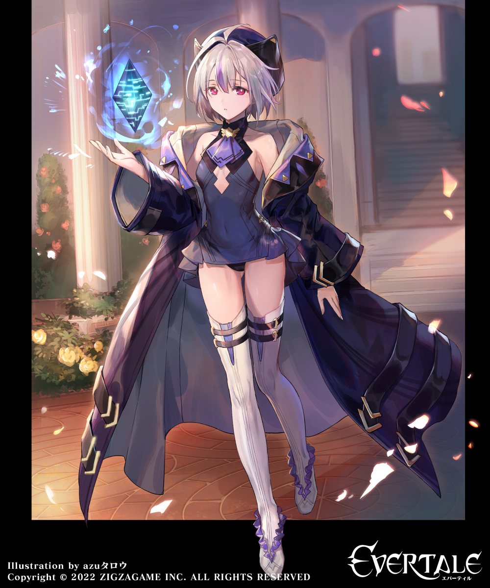 1girl aniya_(evertale) azu-taro black_clothes breasts coat crystal evertale hat highres looking_at_viewer official_art original red_eyes small_breasts white_hair white_legwear