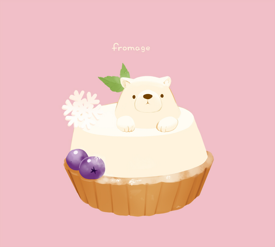 :3 animal animal_focus bear blueberry chai closed_mouth commentary dessert english_text food food_focus fruit mint no_humans original pastry pink_background polar_bear signature simple_background snowflakes solo