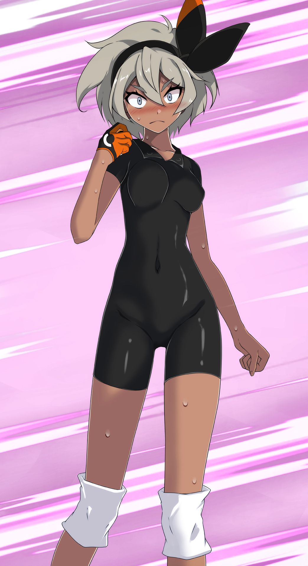 1girl bangs bea_(pokemon) black_ribbon blush bodystocking breasts clenched_hands collarbone dark-skinned_female dark_skin frown gloves grey_eyes grey_hair hair_between_eyes hair_ribbon half_gloves highres knee_pads looking_at_viewer medium_breasts navel orange_gloves pokemon pokemon_(game) pokemon_swsh ribbon short_hair single_glove solo sweat sweatdrop tight tsukishiro_saika wide-eyed