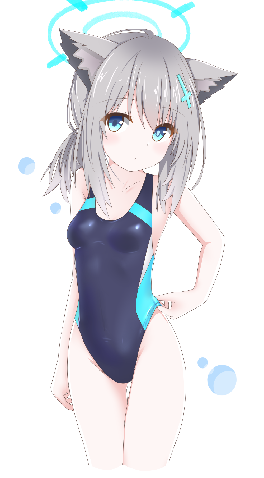 1girl adjusting_clothes adjusting_swimsuit animal_ear_fluff animal_ears black_swimsuit blue_archive blue_eyes breasts commentary_request competition_swimsuit cowboy_shot grey_hair highleg highleg_swimsuit highres langley1000 looking_at_viewer medium_hair one-piece_swimsuit shiroko_(blue_archive) simple_background small_breasts solo standing swimsuit white_background