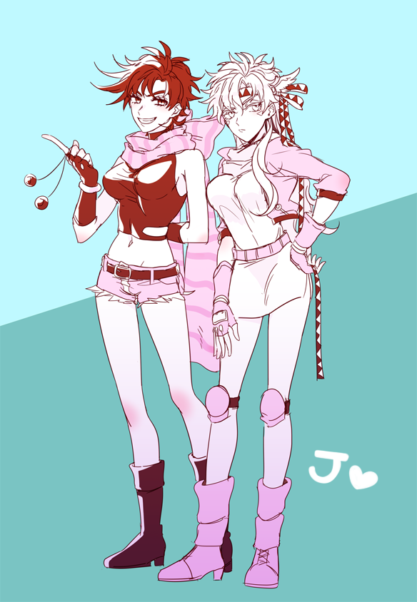 1girl battle_tendency bola_(weapon) boots bow caesar_anthonio_zeppeli crop_top denim denim_shorts facial_mark feather_hair_ornament feathers fingerless_gloves genderswap genderswap_(mtf) gloves gradient hair_ornament hairband headband huan_li jojo_no_kimyou_na_bouken joseph_joestar joseph_joestar_(young) midriff muted_color scarf scarf_bow shorts striped striped_scarf triangle_print