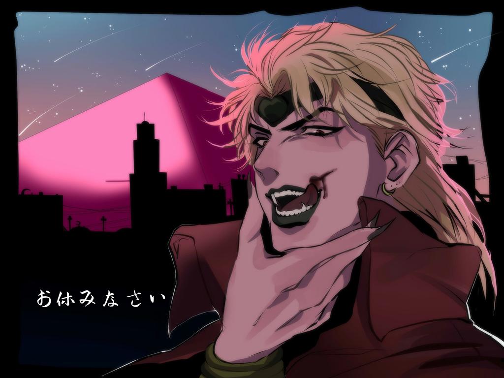 1boy black_lips black_nails blonde_hair chin_stroking claws collared_cape dio_brando fangs headband jojo_no_kimyou_na_bouken jonya licking_lips male_focus pyramid red_eyes solo stardust_crusaders tongue tongue_out vampire