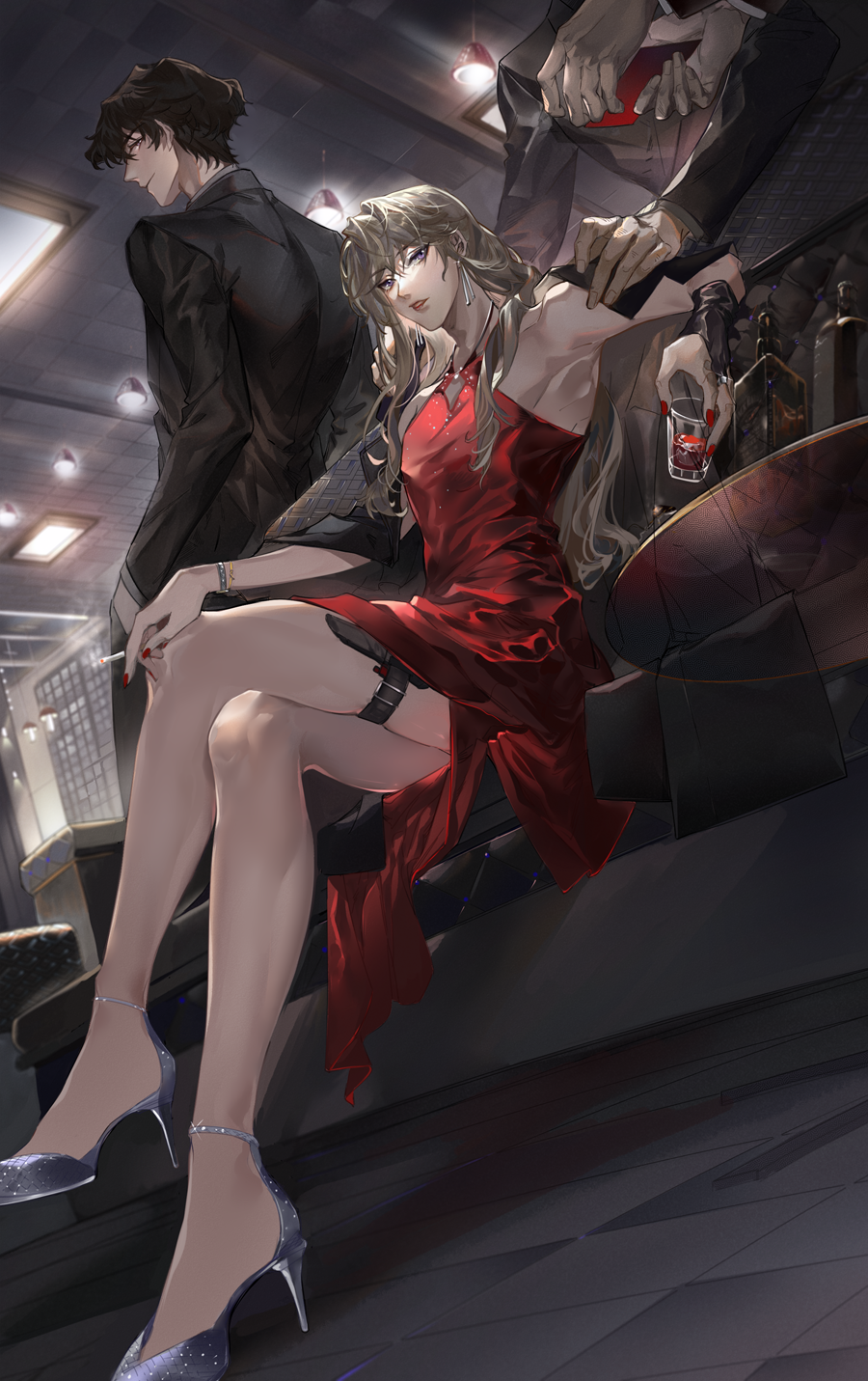 4boys alcohol banba_zenji black_hair black_pants blonde_hair bottle bracelet couch crossdressing dress dutch_angle earrings formal hakata_tonkotsu_ramens hand_on_shoulder high_heels highres holding holding_knife holster indoors jewelry knife long_hair long_sleeves looking_back manly multiple_boys necktie pants red_dress red_nails ring sitting suit table thigh_holster xianming_lin yinzinmiemie