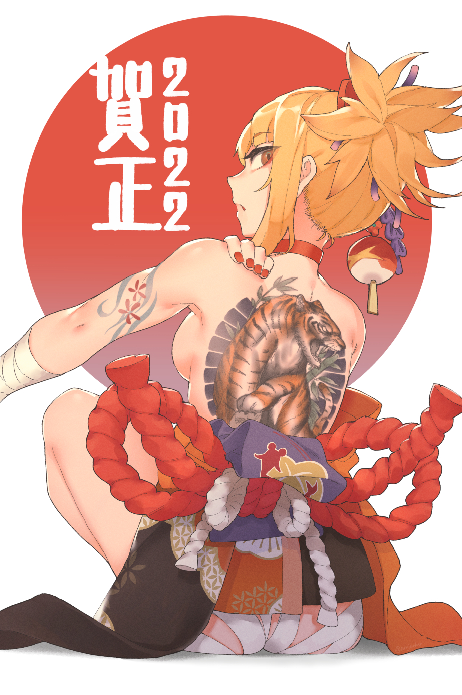 1girl 2022 arm_tattoo ass back back_tattoo backboob bandages breasts chinese_zodiac choker from_behind genshin_impact hair_ornament highres japanese_clothes kimono looking_back nengajou new_year ninjunker orange_eyes orange_hair orange_kimono simple_background solo tattoo tied_hair white_background year_of_the_tiger yoimiya_(genshin_impact)