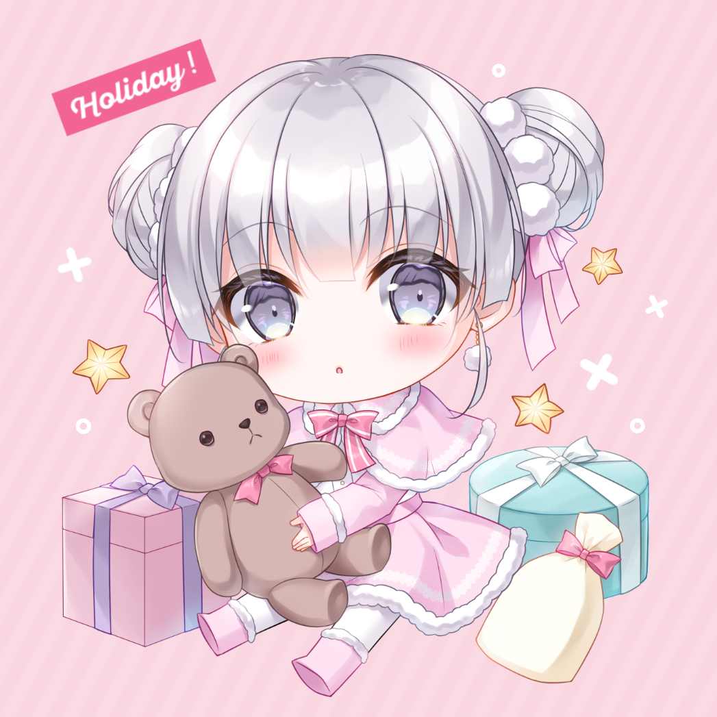 1girl :o bangs blush boots bow box capelet chibi commentary_request diagonal_stripes double_bun earrings eyebrows_visible_through_hair full_body fur-trimmed_boots fur-trimmed_capelet fur-trimmed_skirt fur_trim gift gift_box grey_eyes hair_bow holding holding_stuffed_toy jewelry kohinata_hoshimi long_sleeves looking_at_viewer original pantyhose parted_lips pink_background pink_bow pink_capelet pink_footwear pink_skirt silver_hair sitting skirt sleeves_past_wrists solo star_(symbol) striped striped_background stuffed_animal stuffed_toy teddy_bear white_legwear
