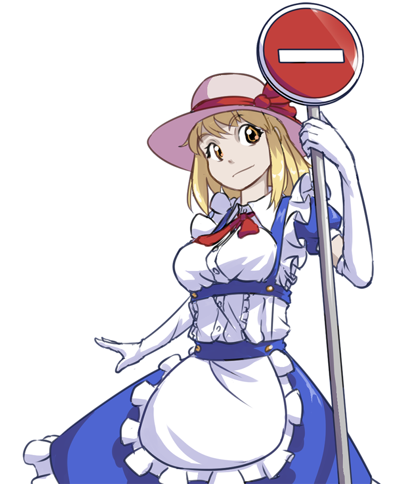 1girl adapted_costume apron blonde_hair blue_dress breasts center_frills collared_shirt cowboy_shot david_hrusa dress elbow_gloves frilled_apron frilled_dress frills gloves hat hat_ribbon holding holding_sign kana_anaberal medium_breasts puffy_short_sleeves puffy_sleeves red_ribbon ribbon road_sign shirt short_hair short_sleeves sign simple_background sun_hat touhou touhou_(pc-98) waist_apron white_apron white_background white_gloves white_headwear white_shirt yellow_eyes