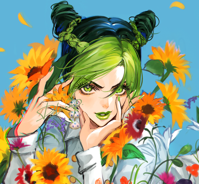 1girl bangs blue_background dekooop earrings eyebrows eyebrows_visible_through_hair eyelashes eyeshadow flower green_eyes green_hair hand_on_own_face jewelry jojo_no_kimyou_na_bouken kujo_jolyne leaf light_blush lips lipstick looking_at_viewer makeup nail_polish petals simple_background smile solo sunflower sweater upper_body white_sweater